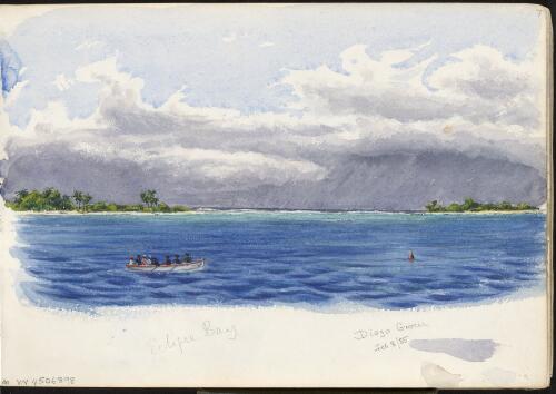 Eclipse Bay including a rowboat with four crew and four passengers, Diego Garcia, British Indian Ocean Territory, 8 February 1885 [picture] / H.J. Graham