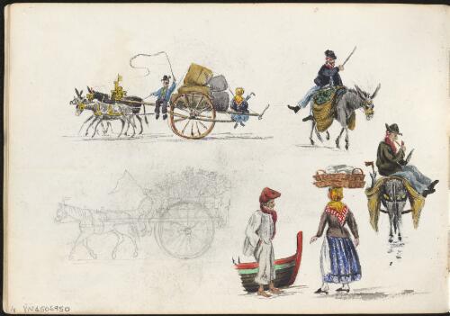 Five character studies of people, some with donkeys, and a sketch of a horse and cart full of people, Italy?, ca. 1885 [picture] / H.J. Graham