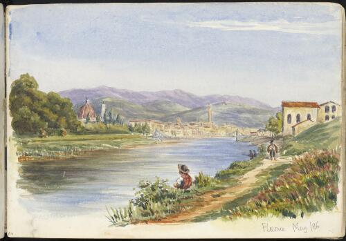 Arno River with two men along the banks of the river, and the city in the background, Florence, Italy, May 1886 [picture] / H.J. Graham