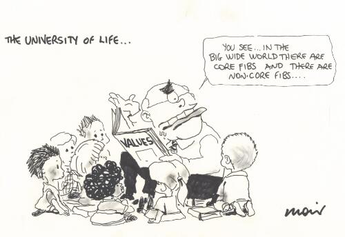 The University of Life, "You see in the big wide world there are core fibs and there are non-core fibs" [John Howard reading to small children] [picture] / Moir