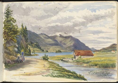 Lake Lowerz and mountains, with boat and boatshed to the right, and two female figures to the left, Switzerland, 1886? [picture] / H.J. Graham