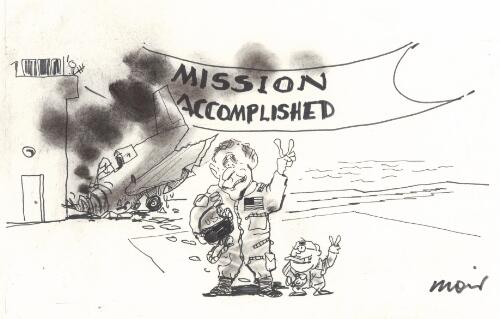 Mission accomplished [George W. Bush and John Howard giving victory sign beside crashed aircraft] [picture] / Moir