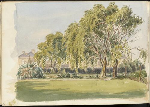 Garden with large trees in the foreground and buildings in the background, ca. 1885 [picture] / H.J. Graham
