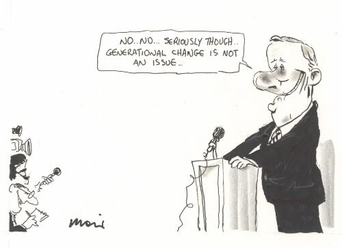 "No, no ... seriously though ... generational change is not an issue ...", [Peter Costello speeking to the media] Januray 2004 [picture] / Moir