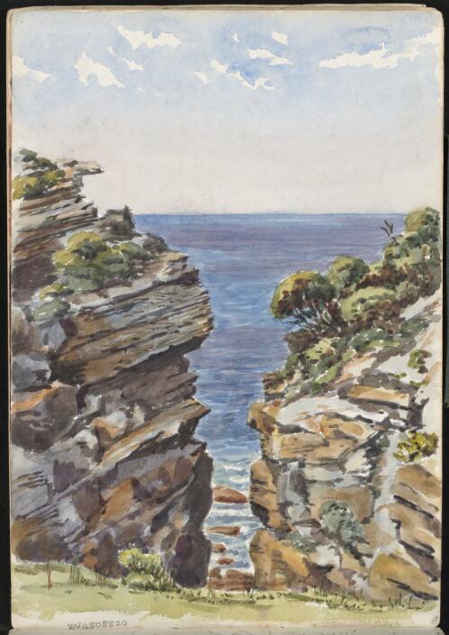 Cliffs facing each other with a crevice between and the sea beyond, ca. 1885 [picture] / H.J. Graham