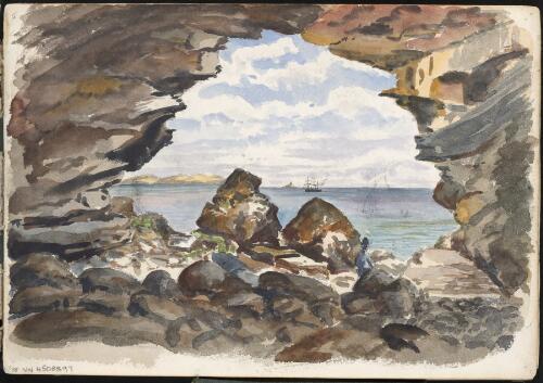 Rock arch with a ship in the distance, ca. 1885 [picture] / H.J. Graham