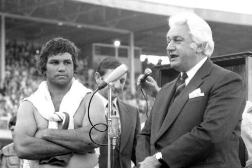 Arthur Beetson and Sir John Kerr at the Rugby League Grand Final, Sydney Cricket Ground, New South Wales, 1974 [picture] / Ern McQuillan