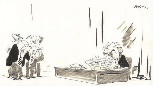 "Gorbachev may set up ALP style party to solve economy" [headline in newspaper article being read by Bob Hawke] [picture] / Moir