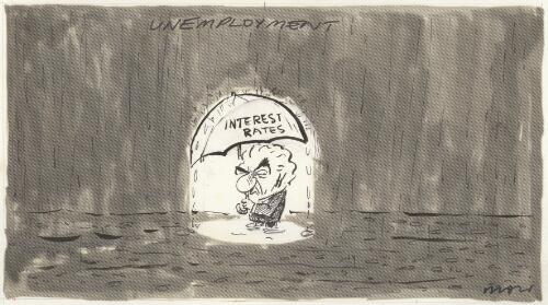 [Bob Hawke holding an interest rates umbrella, sheltering from the unemployment rain] [picture] / Moir
