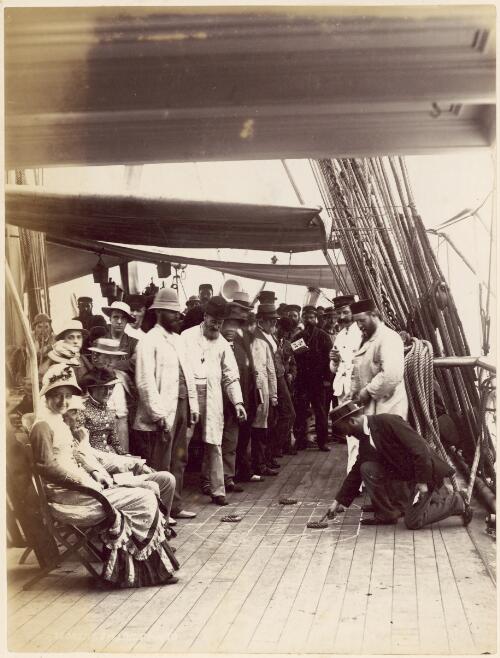 Passengers playing deck games on board the S.S. Orient, on the way to Australia, 1881 [picture] / J.W. Lindt