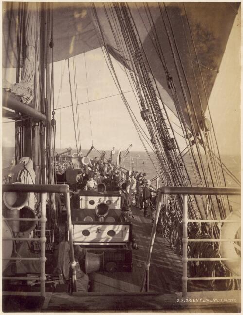 Passengers and crew standing towards the bow of the S.S. Orient on the way to Australia, 1881 [picture] / J.W. Lindt