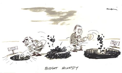 Budget honesty [John Howard and Peter Costello transfer funds from social commitment into a black hole, as the Howard Government cuts back on social welfare, 1998] [picture] / Moir