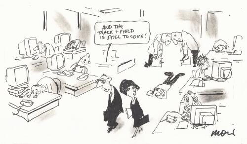 "And the track and field is still to come" [Office workers asleep at their desks during the Sydney Olympics, 2000] [picture] / Moir