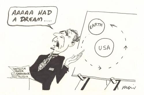"Aaaaaa had a dream" [George W. Bush speaking about defence, trade, greenhouse effect and Russia, as he points to a map showing the Earth revolving around the United States of America] [picture] / Moir