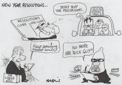 New Year resolutions [for Prime Minister John Howard, Opposition Leader Mark Latham, Treasurer Peter Costello and NSW Police Minister Michael Costa, 2004] [picture] / Moir