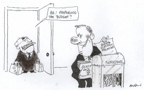"Ah..! Preparing the budget?" [Prime Minister John Howard asking Treasurer Peter Costello who is shredding 2004 election promises, 2005] [picture] / Moir