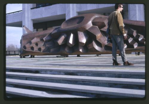 Moving the Tom Bass lintel sculpture onto the podium by crane at the National Library of Australia, Canberra, Australian Capital Territory, July 1968, 3 [transparency] / Kevin Goodridge
