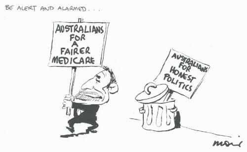 Be alert and alarmed [Tony Abbott carrying a sign "Australians for a Fairer Medicare" with a sign "Australians for Honest Politics" in rubbish bin] [picture] / Moir