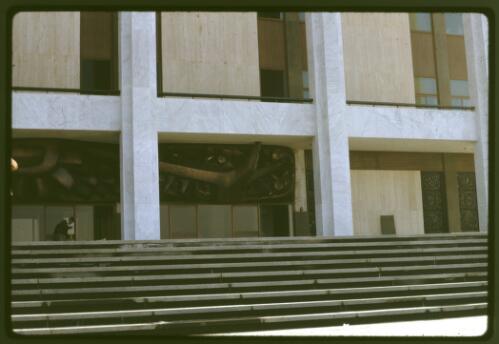 The main entrance to the National Library of Australia, Canberra, Australian Capital Territory, May 1969, 3 [transparency] / Kevin Goodridge