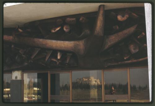 The Tom Bass lintel sculpture over the main entrance to the National Library of Australia, Canberra, Australian Capital Territory, May 1969, 3 [transparency] / Kevin Goodridge