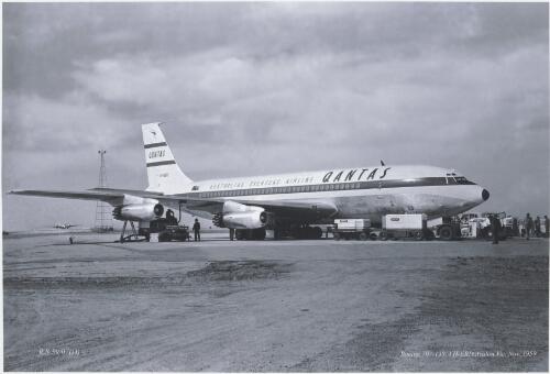 Qantas Boeing 707-138 jetliner VH-EBD on tarmac at Avalon Airport, Victoria, November 1959 [picture] / Russell Smith