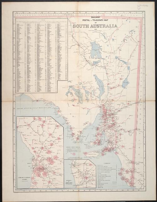 Railway, postal and telegraph map of South Australia, 1888 [cartographic material] / compiled from information furnished by C. Todd, M.A., C.M.G., F.R.A.S., F.R.M.S., F.S.T.E., Postmaster-General and Superintendent of Telegraphs ; engraved by A.H. Everson ; A.J. Scally, del