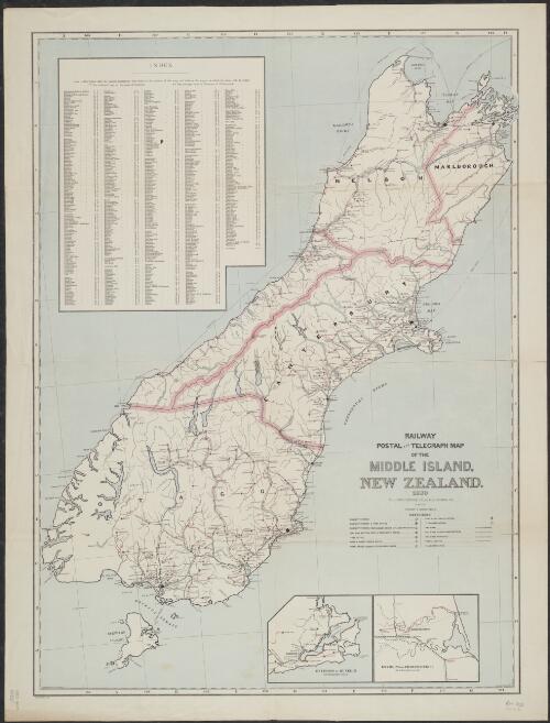 Railway, postal and telegraph map of the Middle Island, New Zealand [cartographic material] / The Picturesque Atlas Publishing Co., (Limited) ; Alex J. Scally, del. ; engraved by A.H. Everson