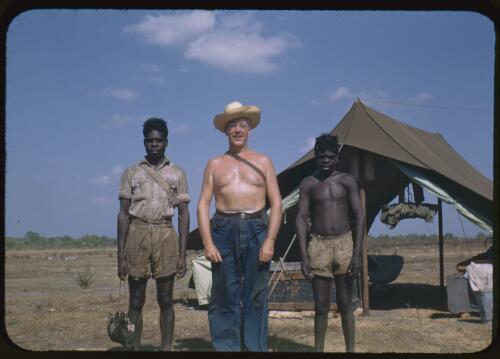 Frank Setzler? and two Aboriginal men off to Oenpelli Hill, Northern Territory, 21 October 1948 [transparency] / Robert Miller