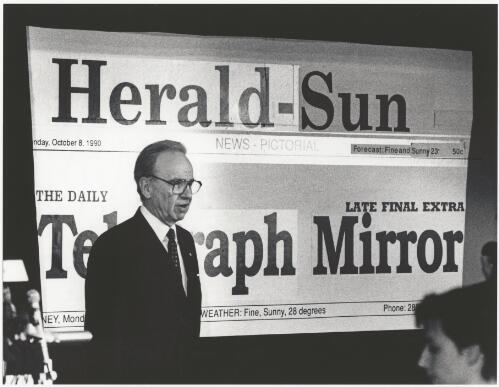Rupert Murdoch announces newspaper mergers during a media conference inside the old Herald building, Flinders Street, Melbourne, 8 October 1990 [picture] / Bruce Postle