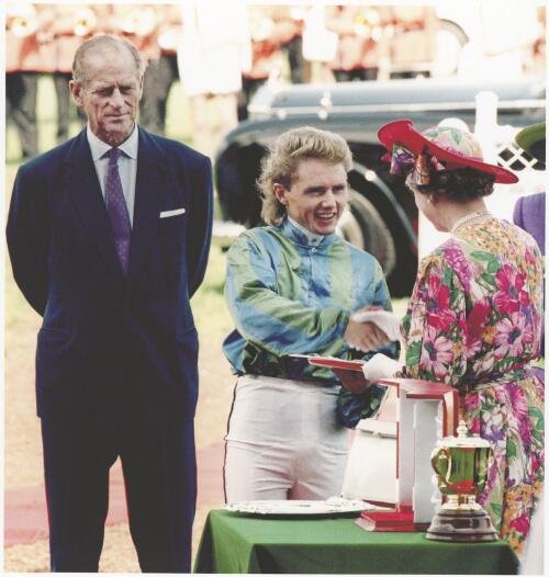 Queen Elizabeth II, Duke of Edinburgh at the races with jockey Shane Dye after his Queen's Cup win, Randwick, New South Wales, 1992 [picture] / Bruce Postle