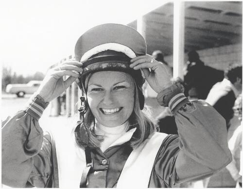 First woman jockey Linda Jones, after a race at Te Rapa Racecourse, Hamilton, New Zealand, August 1978 [picture] / Bruce Postle
