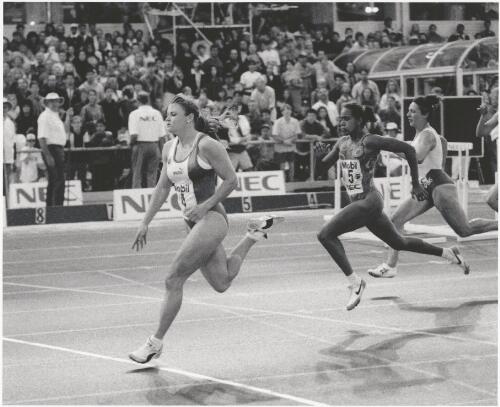 Melinda Gainsford and Cathy Freeman competing in the NEC Classic at Olympic Park, Melbourne, 24 February 1994 [picture] / Bruce Postle