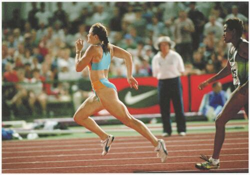Melinda Gainsford-Taylor and Cathy Freeman competing in the Nike Track Classic at Olympic Park, Melbourne, 20 February 1997 [picture] / Bruce Postle