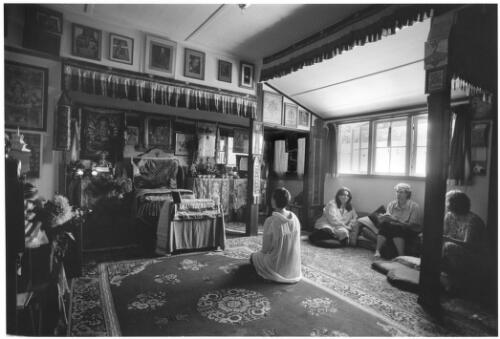 Gompha (prayer room) of the Vajrasattva Mountain Centre (Tibetan Buddhist monastery) during the summer solstice party (open house), Lurline Street, Katoomba, 21 December 2002 [picture] / Philip Gostelow
