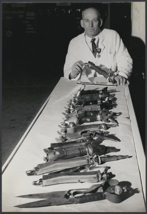Hand shears and shearing handpieces are displayed at the School of Sheep and Wool, Sydney, 1962 [picture] / Jeff Carter