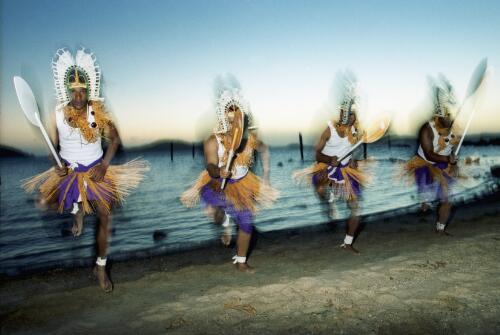Torres Strait Island men performing a dance as part of the Arpaka Dance Group, Thursday Island, Queensland, 2008, 1 [picture] / Charles J. Page