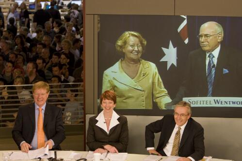 John and Janette Howard, televised to the National Tally Room from the Wentworth Hotel in Sydney, as John concedes defeat in the Australian Federal Elections, Canberra, 24 November 2007 [picture] / Mark Arundel