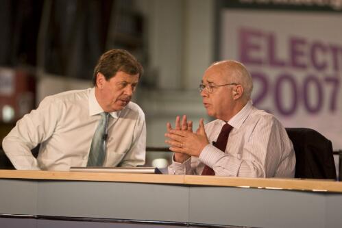 Ray Martin and Laurie Oakes broadcasting from the Channel 9 set in the National Tally Room for the Australian Federal Elections, Canberra, 24 November 2007 [picture] / Mark Arundel
