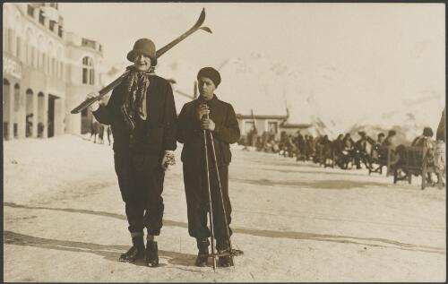 Molly Fink and Martanda Sydney Tondaiman in skiing gear, Switzerland?, ca. 1930 [picture]