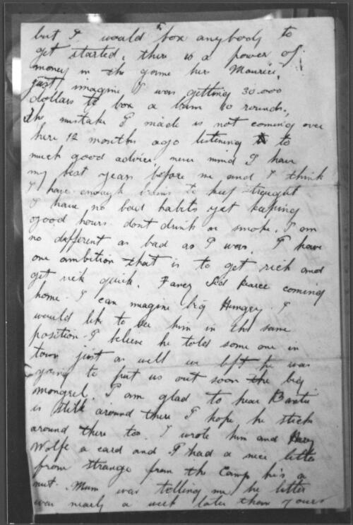[Part of letter, 1916 or 1917, United States, page begins "but I would box anybody to get started", to Maurice O'Sullivan] [manuscript] / [Les Darcy]