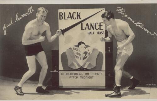 [Jack Carroll and Bep van Klaveren posing in front of a Black Lance advertisement, 1935] [picture]
