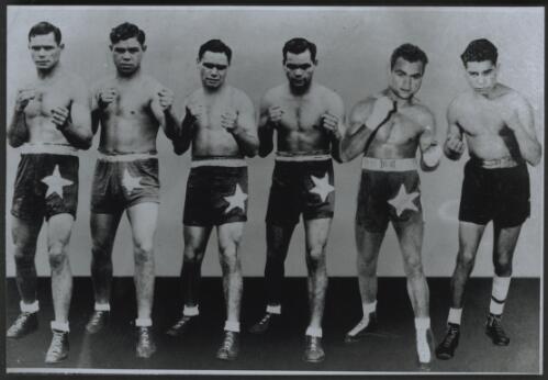 [The six Sands brothers in fighting poses - Clem, Ritchie, George, Dave, Alf and Russell] [picture]