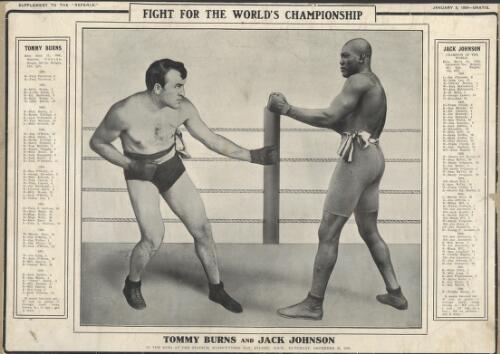 Fight for the World's Championship, Tommy Burns and Jack Johnson, in the ring at the stadium, Rushcutters Bay, N.S.W., Saturday, December 26, 1908 [picture]