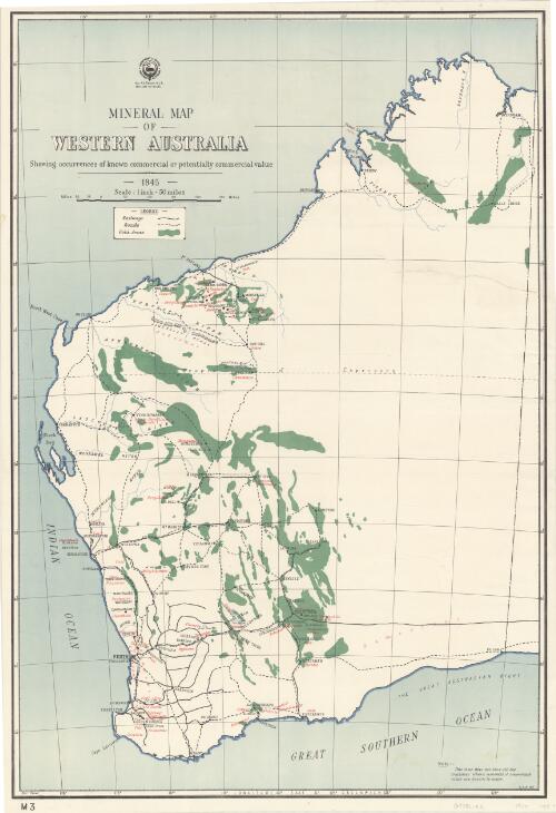 Mineral map of Western Australia showing occurrences of known commercial or potentially commercial value, 1945 [cartographic material] / Department of Mines, Western Australia
