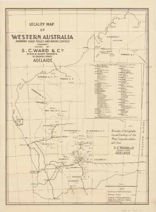 Locality map of Western Australia showing gold fields and mining centres / issued by S.C. Ward & Co., stock & share brokers, 30 Grenfell Street, Adelaide