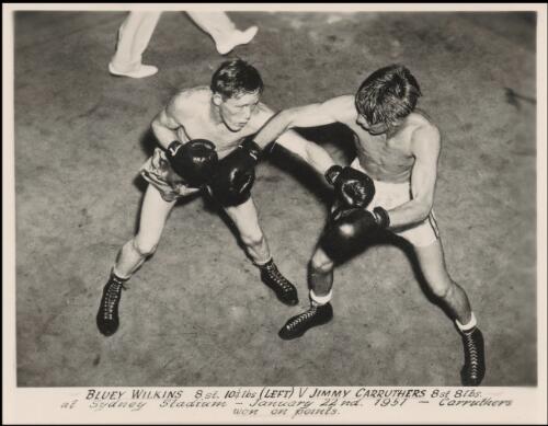 Bluey Wilkins, 8 st. 10 1/4 lbs., [versus] Jimmy Carruthers, 8 st. 8 lbs., at Sydney Stadium, January 22nd, 1951 [picture]