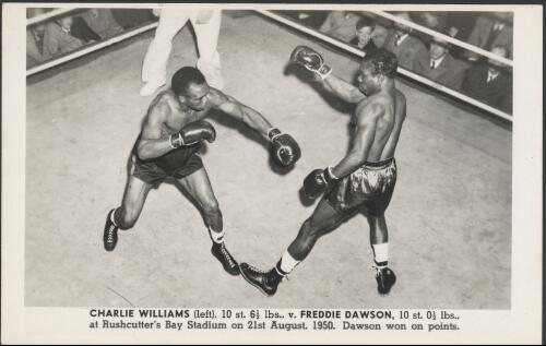 Charlie Williams, 10 st. 6 1/2 lbs., [versus] Freddie Dawson, 10 st. 1/2 lbs., at Rushcutters's Bay Stadium on 21st August, 1950 [picture]