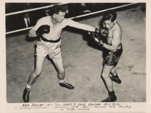 Ken Bailey, 10 st. 7 lbs., [versus] Jack Hassen, 10 st. 2 3/4 lbs., at Sydney Stadium, January 15th, 1951 [picture]