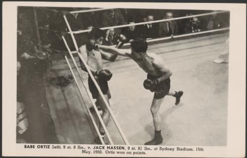 Babe [i.e. Baby] Ortiz, 9 st. 8 lbs., [versus] Jack Hassen, 9st. 8 3/4 lbs., at Sydney Stadium, 15 May, 1950 [picture]