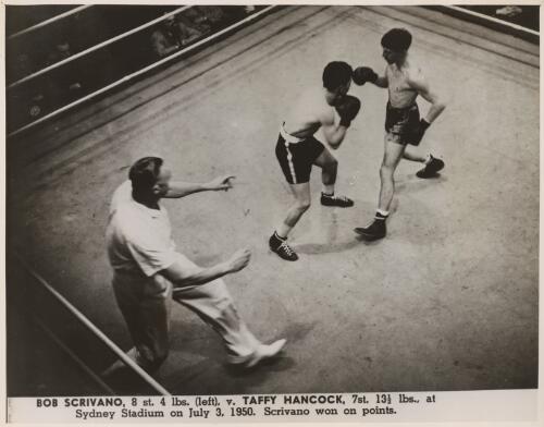 Bob Scrivano, 8 st. 4 lbs., versus Taffy Hancock, 7 st. 13 1/2 lbs., at Sydney Stadium, New South Wales, July 3, 1950 [picture]